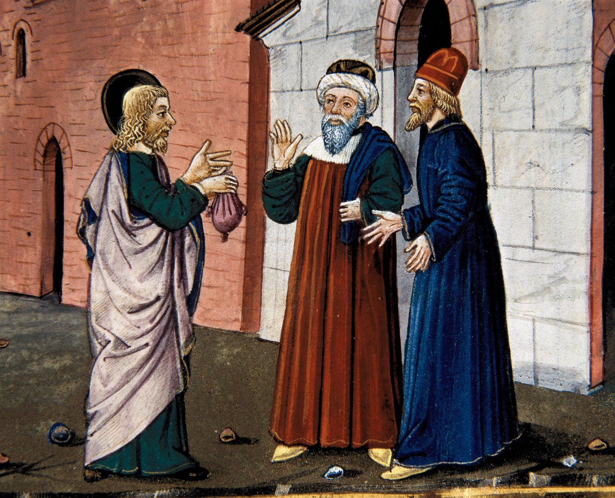 Judas går till prästen och bekänner sitt svek mot Kristus, från Leggendario Sforza-Savoia av Cristoforo De Predis