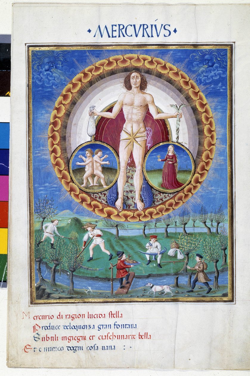 Merkurius med Jungfruns och Gemels zodiakens stjärntecken. På nedervåningen arbetar bönder på fälten. Miniatyr gjord av Cristoforo de Predis (v. 1440-v. 1486) - i “” De Sphaera””” d