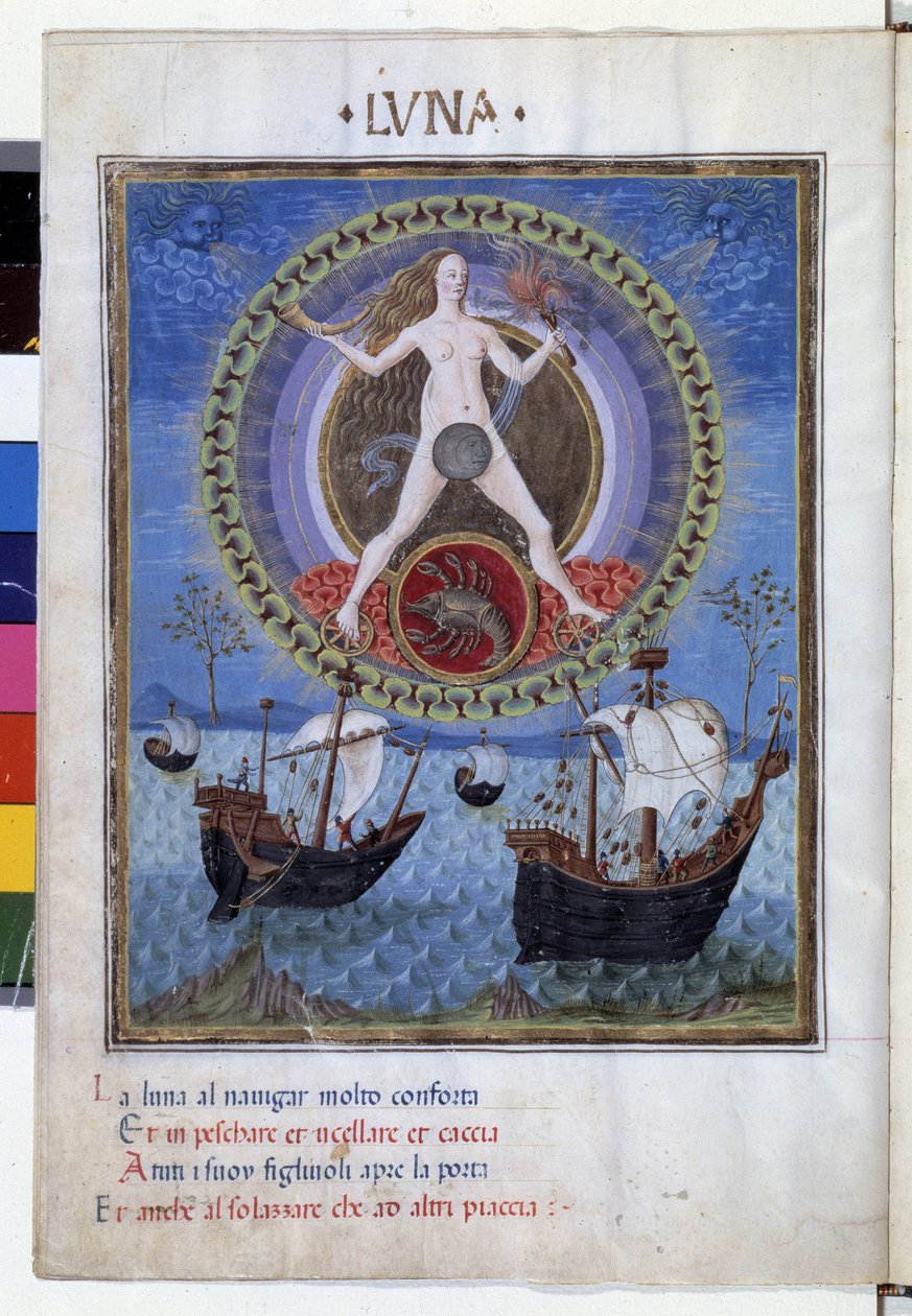 Månen med stjärntecknet på cancer. Nedervåningen, båtar under stigande sto. Miniatyr gjord av Cristoforo de Predis (v. 1440-v. 1486) - i “” De Sphaera””” d