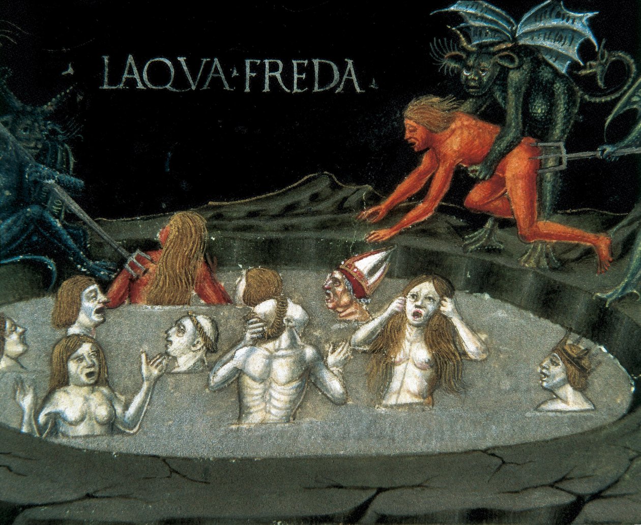 Representation av en cirkel av underjorden: damnes i kallt vatten. Miniatyr av Cristoforo De Predis (1440-1486) från Nya testamentets historia av Cristoforo De Predis