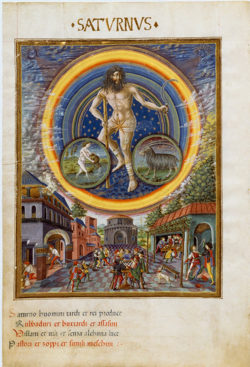 Saturnus med stjärntecken på vattumannen och Stenbocken. Spelscenerna och dess inflytande på män. (miniatyr, ca 1470) av Cristoforo De Predis