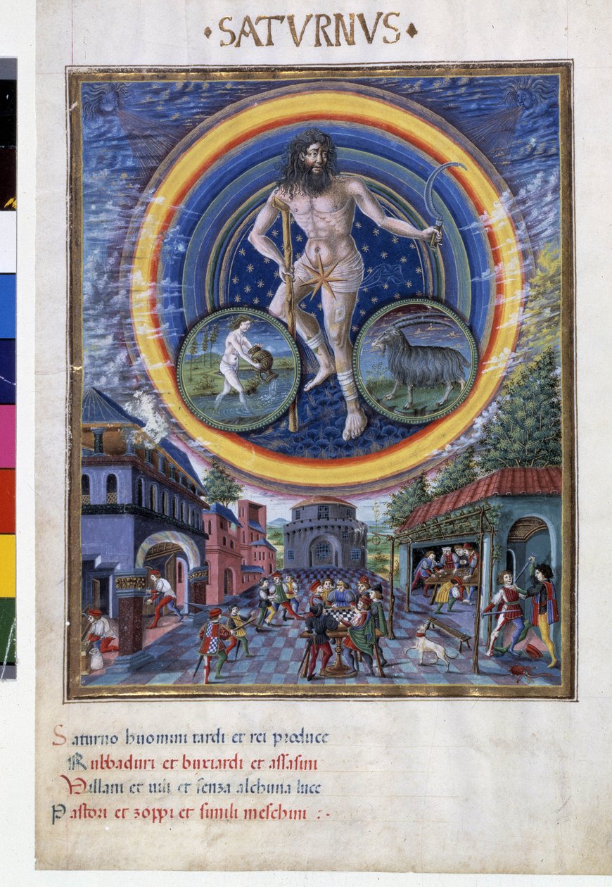Saturnus med stjärntecken på vattumannen och Stenbocken. På nedervåningen, spelscenerna och dess inflytande på män. Miniatyr gjord av Cristoforo de Predis (v. 1440-v. 1486) - i “” De Sphaera””” d