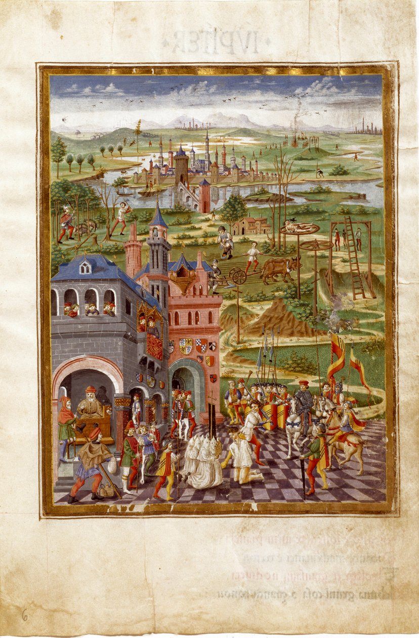 Scen av tortyr och övertygelser i en medeltida stad. Influenser av Saturnus (miniatyr, ca 1470) av Cristoforo De Predis