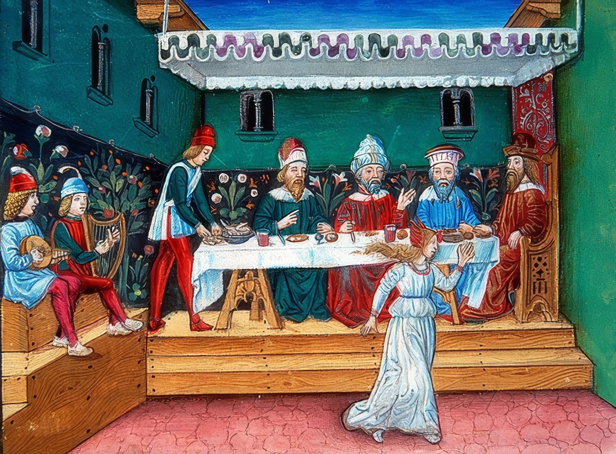 Under Herodes bankett överlämnar Salome Johannes huvud till Salome (c. 144r). 1476 av Cristoforo De Predis