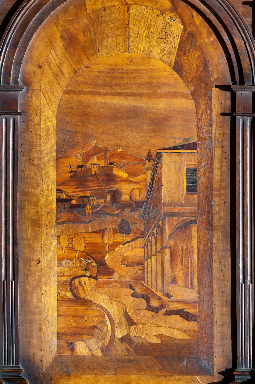 Landskap, Intarsia, detalj av träkören av Cristoforo and Giuseppe Da Venetiis