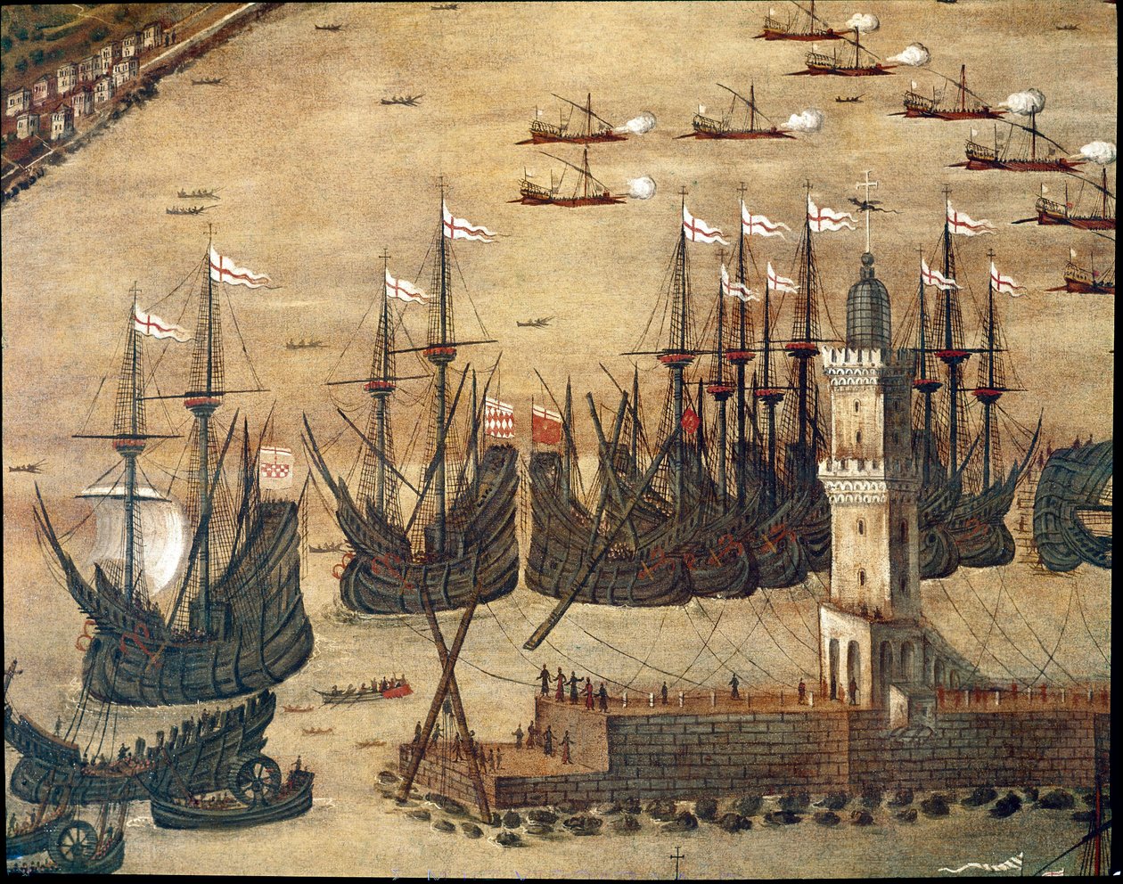 Utsikt över hamnen i Genua. (Detalj. Olja på duk av Cristoforo Grassi or Grasso