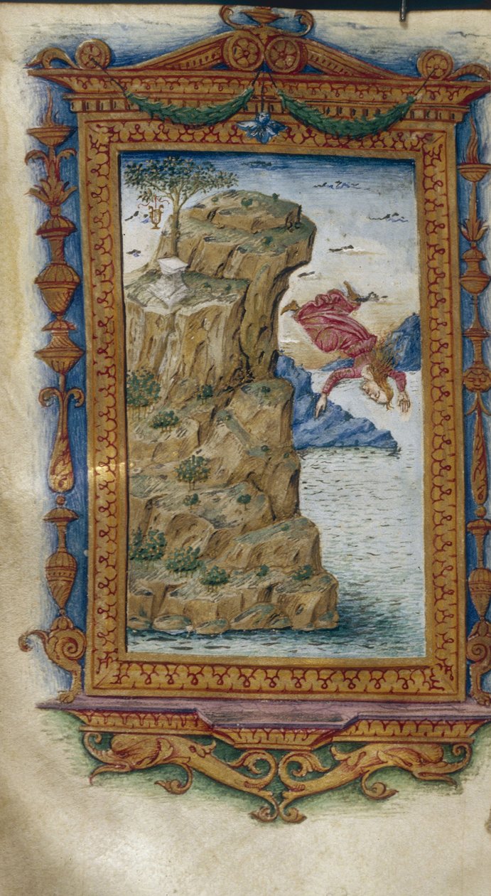 Sappho kastar sig i havet Illustration för The Heroides av Ovid, 1485-1499 av Cristoforo Majorana