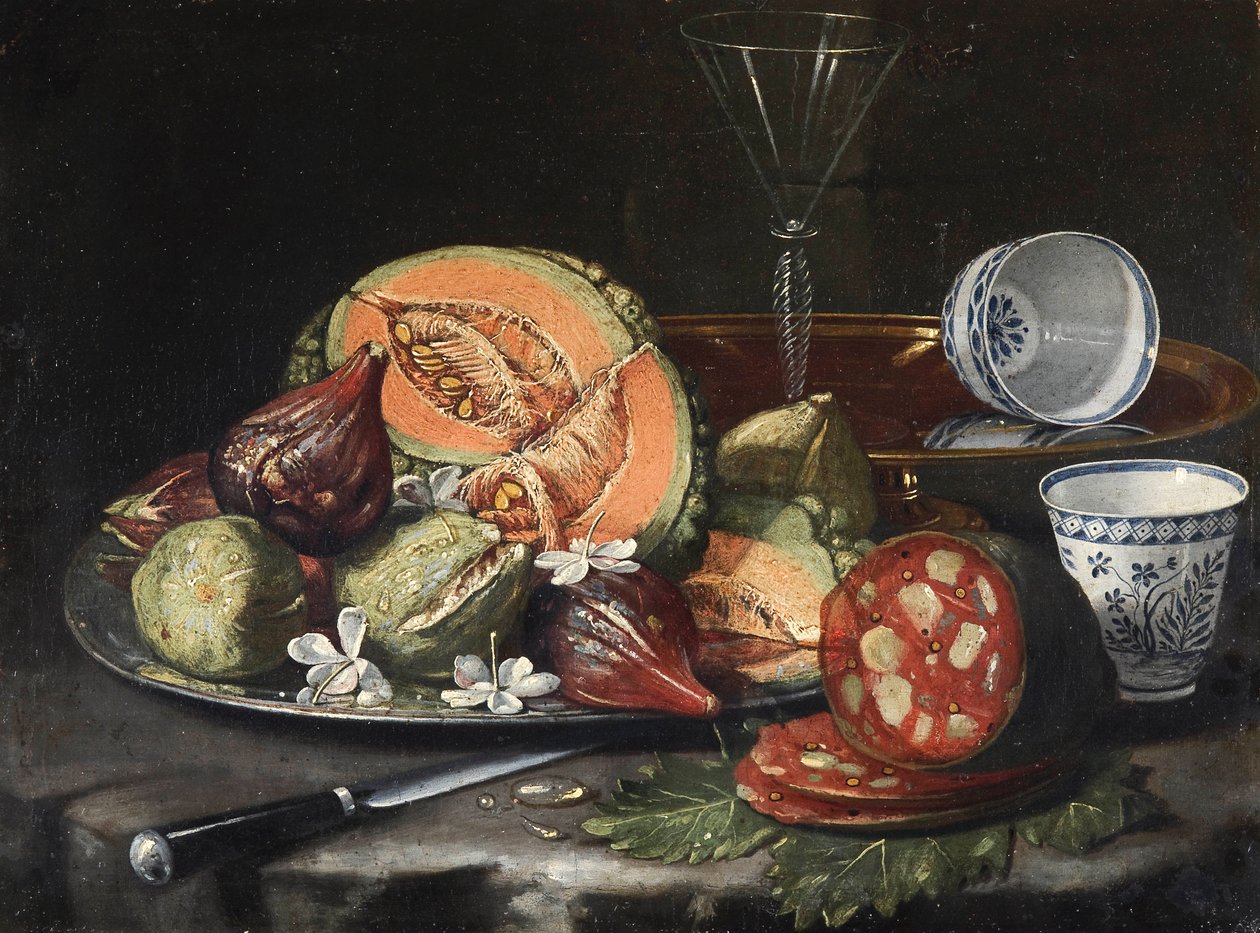""Still life"" (Still life) Melon, korv, fikon och kinesiskt porslin Målning av Cristoforo Monari (Munari) (1667-1720), - Olja på duk, 44x56 - Fondation Custodia av Cristoforo Munari