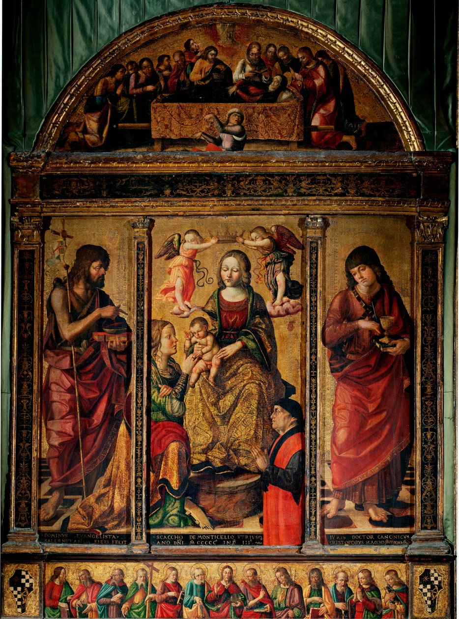 Triptyk av den heliga Katarinas mystiska äktenskap, omgiven av de heliga Johannes Döparen och Johannes evangelisten (Trämålning av Cristoforo Scacco