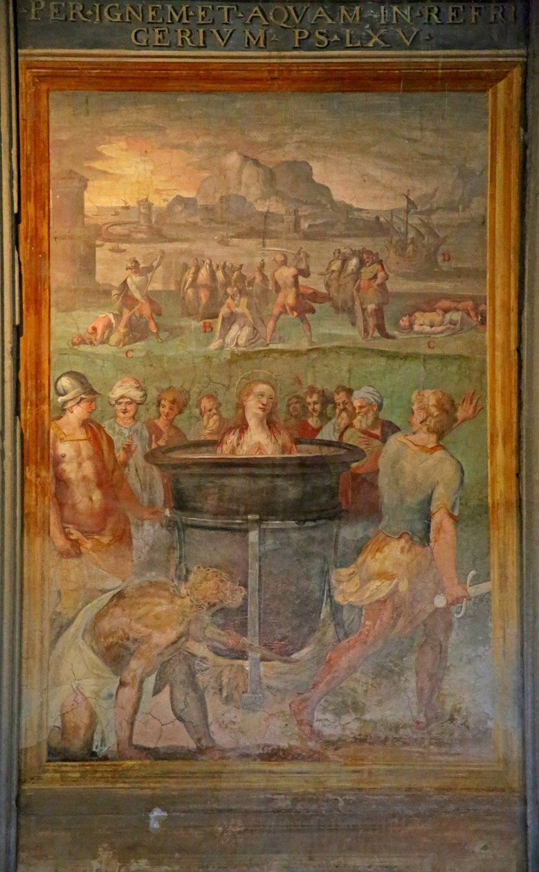 Ett kvinnligt helgon kokas levande av Cristoforo and Tempesta, Antonio Roncalli