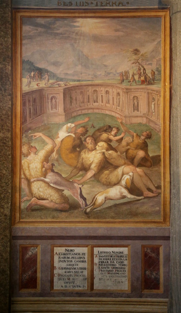 Helgon, möjligen Gervais och Protais, kastade till djuren av Cristoforo and Tempesta, Antonio Roncalli