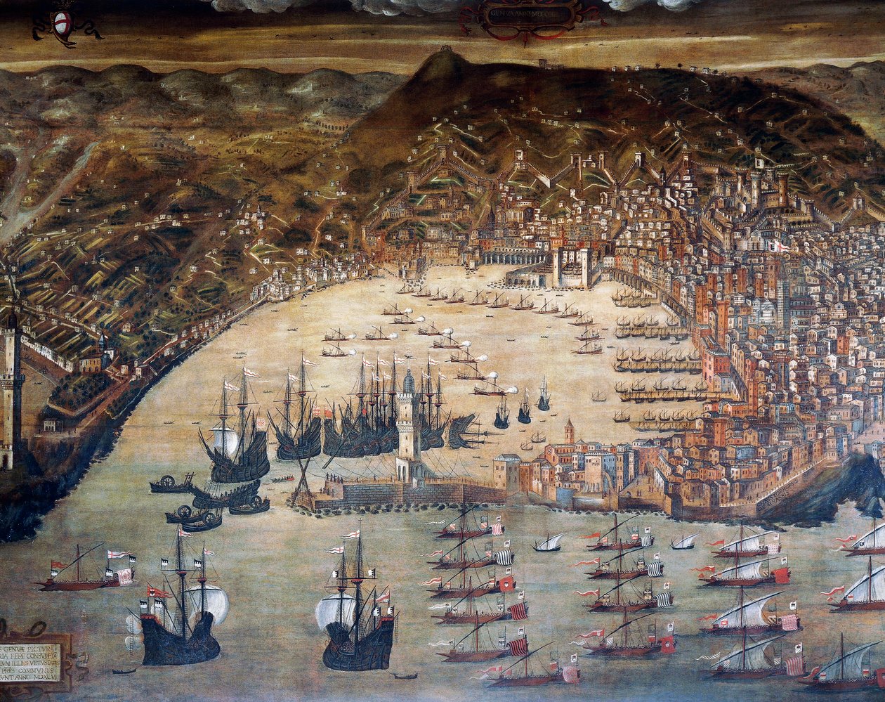 Utsikt över Genua och dess hamn, målning av Cristoforo Grassi (1565-1598), Italien av Cristoforo de Grassi