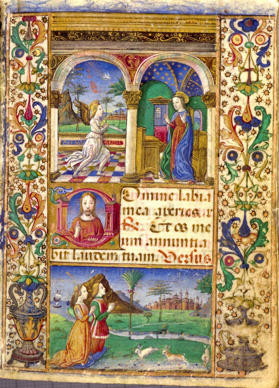 Bebådelsen, Borromeos timbok, med Giovanni III Borromeo och hans hustru Cleofa Pio da Carpi i bön. av Cristoforo De Predis