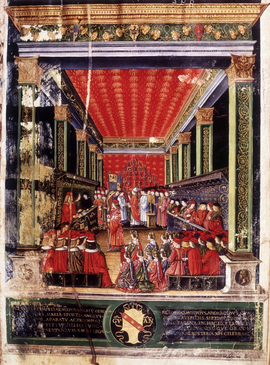 Induktion av Ludovic Marie Sforza dit le More (Ludovico Maria Sforza kallad il Moro) (1452-1508) - belysning från kardinal Arcimboldis Missal, gjord av den berömda miniatyristen Cristoforo de Predis. Capitular Library, Milano. av Cristoforo De Predis