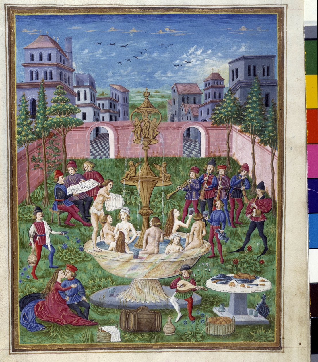 Merkurius inflytande: kärlekens trädgård och ungdomens källa. Miniatyr gjord av Cristoforo de Predis (v. 1440-v. 1486) - i “” De Sphaera””” d