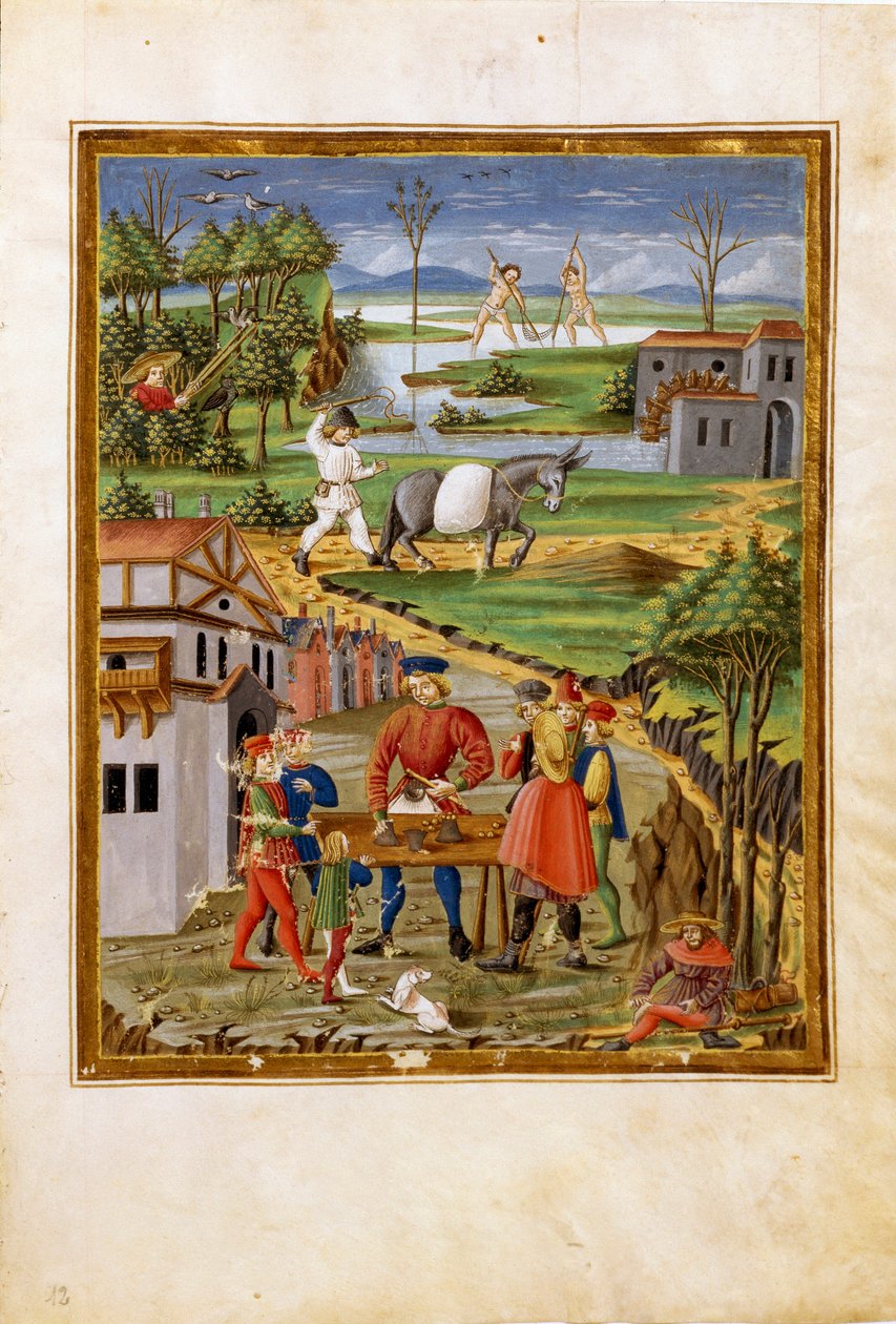 Månens inflytande: scen för fiske, jakt och jordbruk (miniatyr, ca 1470) av Cristoforo De Predis