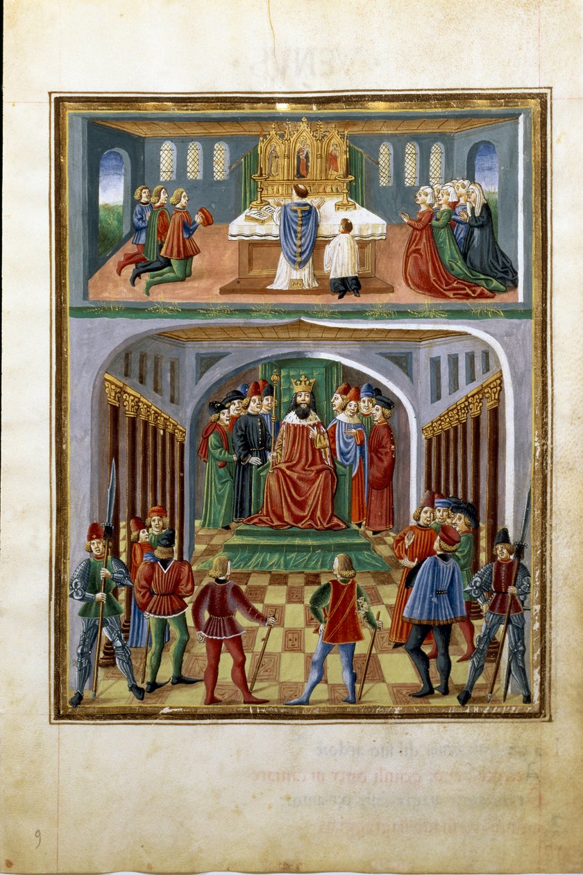 Solens inflytande: timliga makter (kung före sina hovmän) och andliga krafter (präst som tjänstgör i en kyrka). (miniatyr, ca 1470) av Cristoforo De Predis