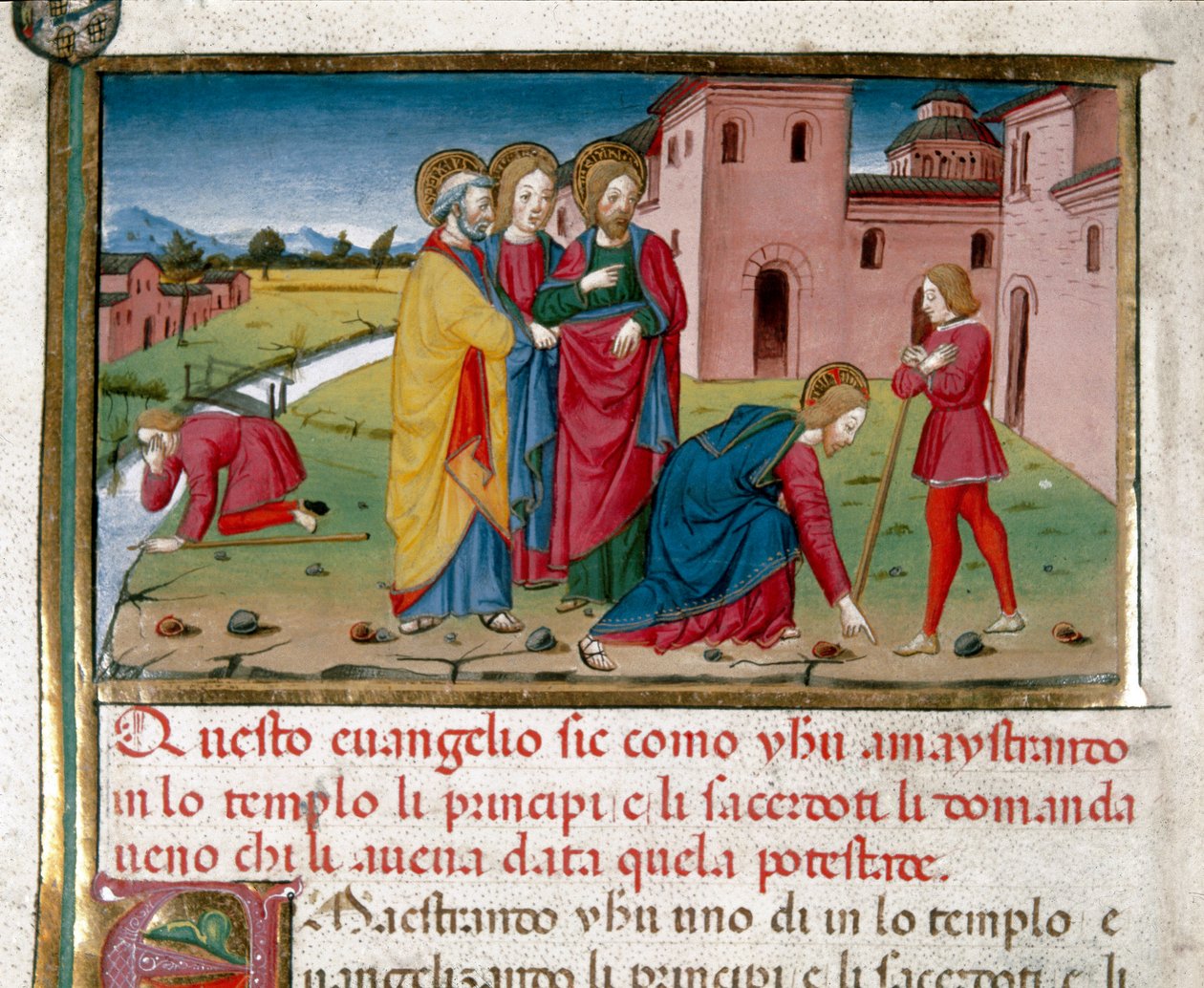 Jesus ger syn åt en blind man vid födseln Miniatyr av Cristoforo De Predis (1440-1486) efter Nya testamentets historia (fol. 7) av Cristoforo De Predis