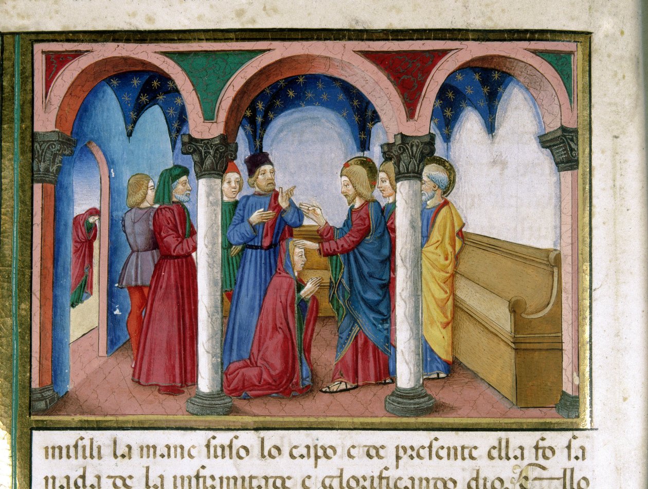 Jesus rätar ut en kvinna med vridna medlemmar i en miniatyrsynagoga av Cristoforo De Predis (1440-1486) efter Nya testamentets historia (fol. 78) av Cristoforo De Predis