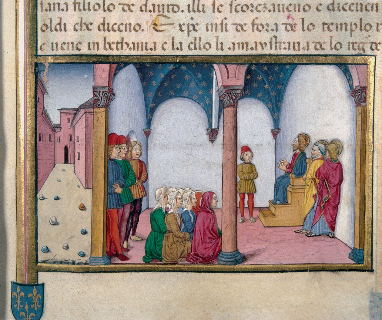 Jesus undervisade vid Cristoforo De Predis miniatyrtemplet (1440-1486) efter Nya testamentets historia av Cristoforo De Predis