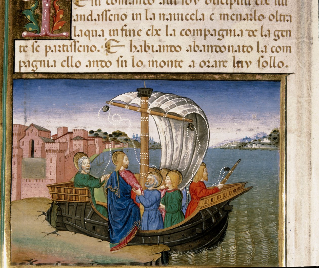 Jesus säger åt apostlarna att åka med båt till Capharneum medan han går för att be på miniatyrberget Cristoforo De Predis (1440-1486) efter Nya testamentets historia av Cristoforo De Predis