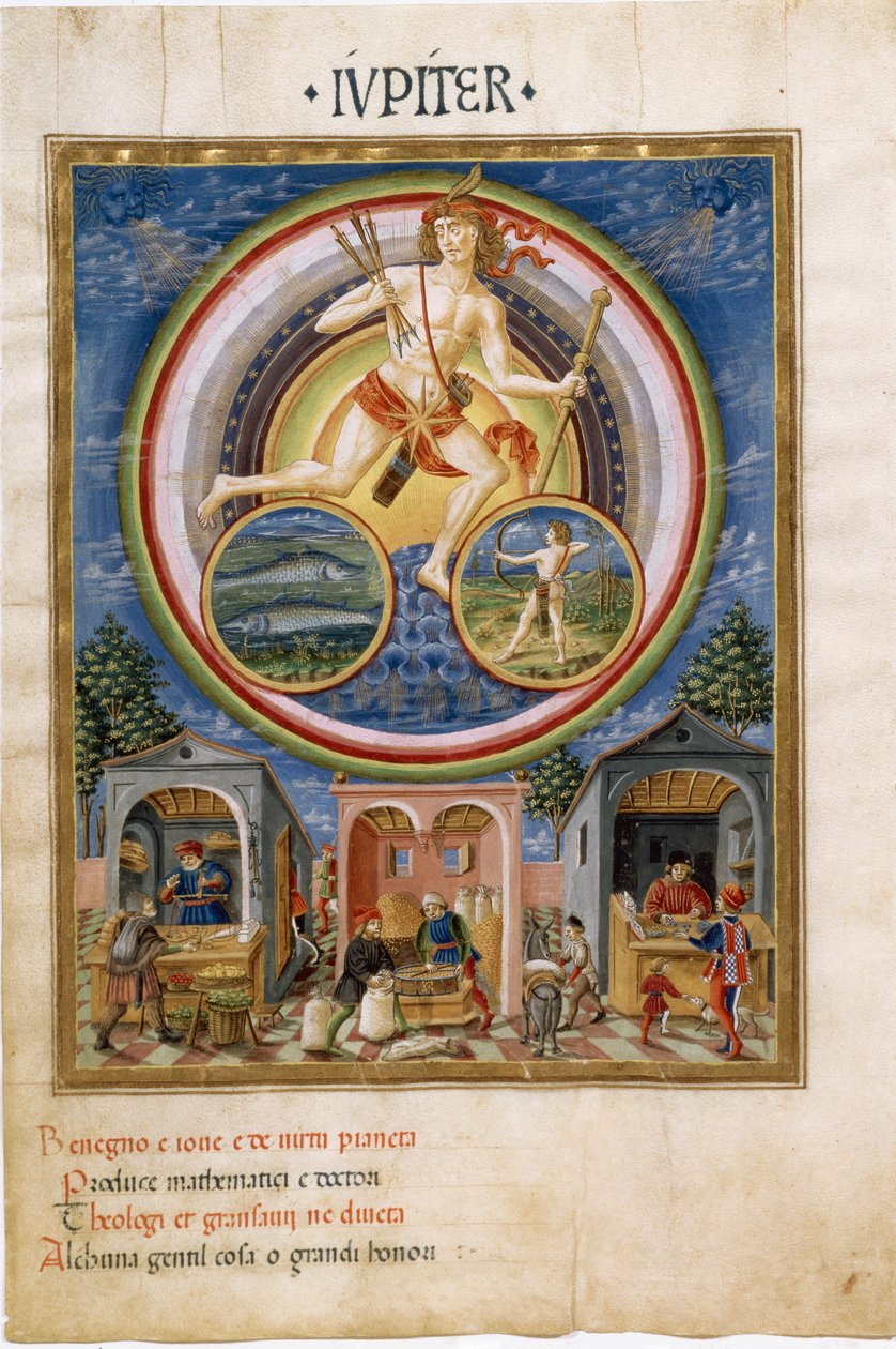 Jupiter med stjärntecken på fisk och Skytten. Handlare som säljer olika föremål. (miniatyr, ca 1470) av Cristoforo De Predis