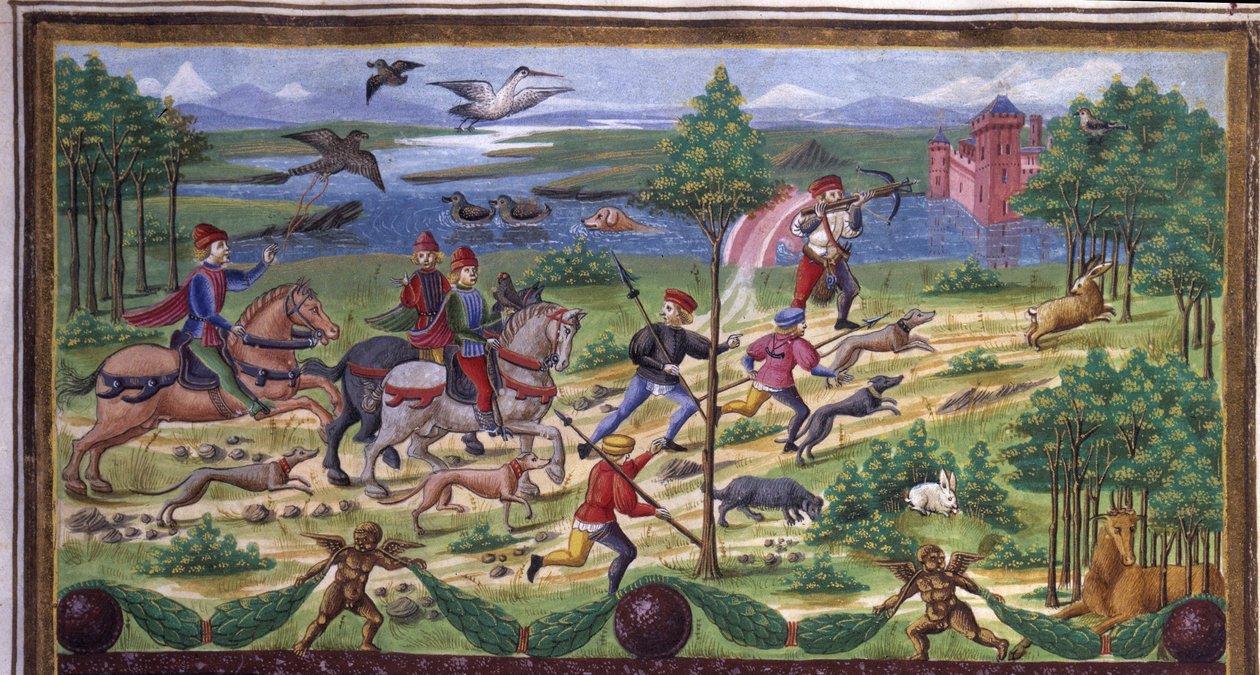 Jaktdetalj i "" Influence of March "": jakt och hov. Miniatyr gjord av Cristoforo de Predis (ca 1440-c. 1486) - i "" De Sphaera "" "d