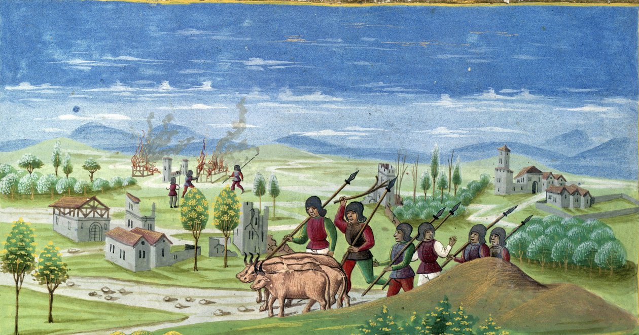 Plundring under kriget. detalj av "" Sun Influence "": The War. Miniatyr gjord av Cristoforo de Predis (v. 1440-v. 1486) - i “” De Sphaera””” d