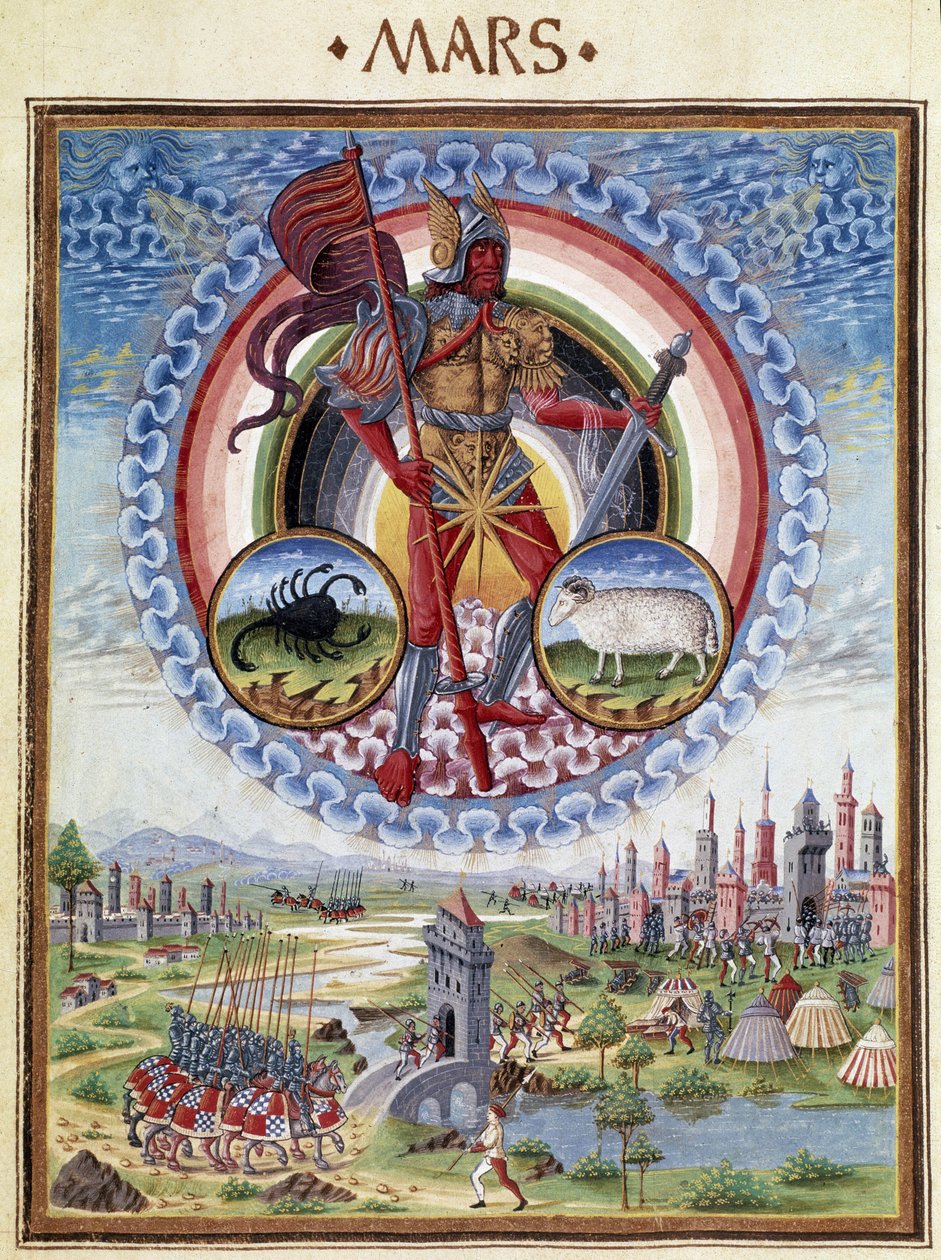 Mars med stjärntecknen skorpion och belier. Nedervåningen, stridsscenerna. Miniatyr gjord av Cristoforo de Predis (v. 1440-v. 1486) - i “” De Sphaera””” d