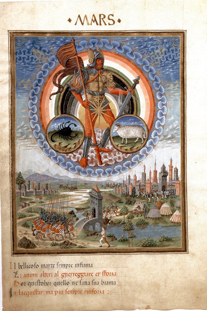 Mars med stjärntecknen skorpion och belier. Stridsscenerna. (miniatyr, ca 1470) av Cristoforo De Predis