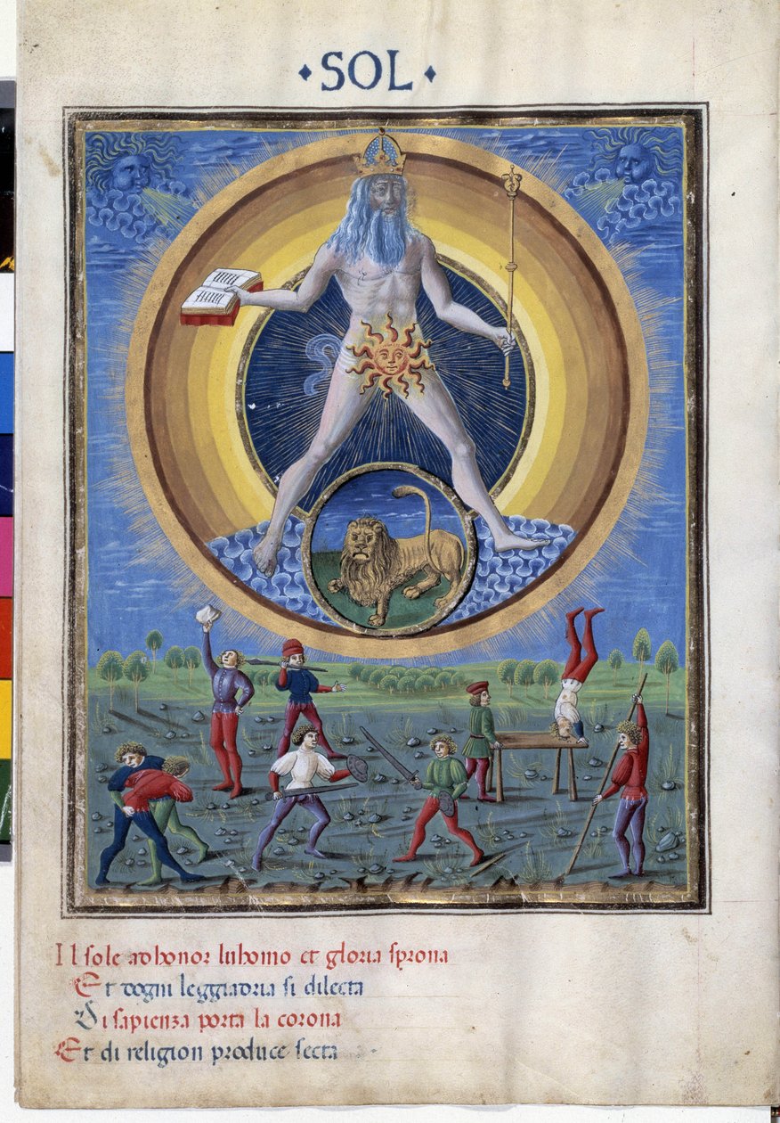 Sol med lejonets stjärntecken. Där nere finns scener av mäns fysiska övningar. Miniatyr gjord av Cristoforo de Predis (v. 1440-v. 1486) - i “” De Sphaera””” d