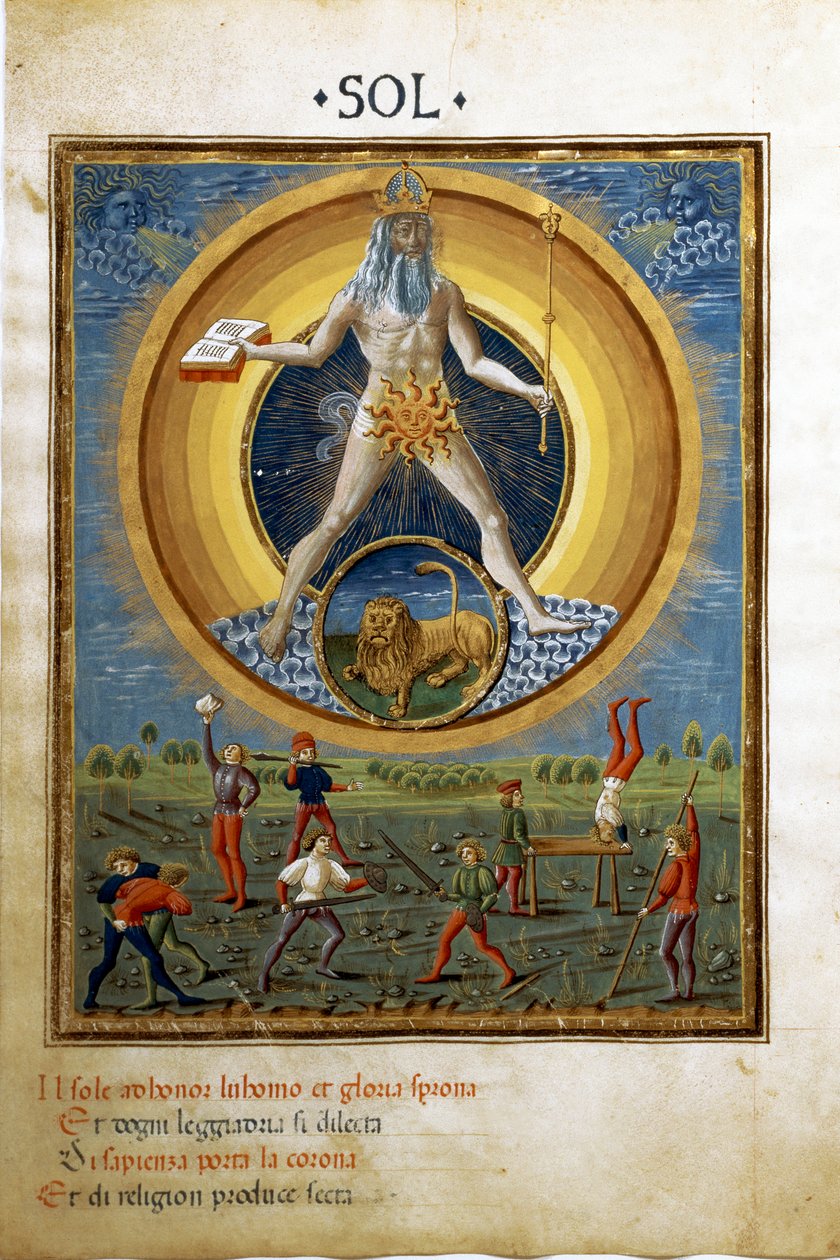 Sol med lejonets stjärntecken. Scener av mäns fysiska övningar. (miniatyr, ca 1470) av Cristoforo De Predis