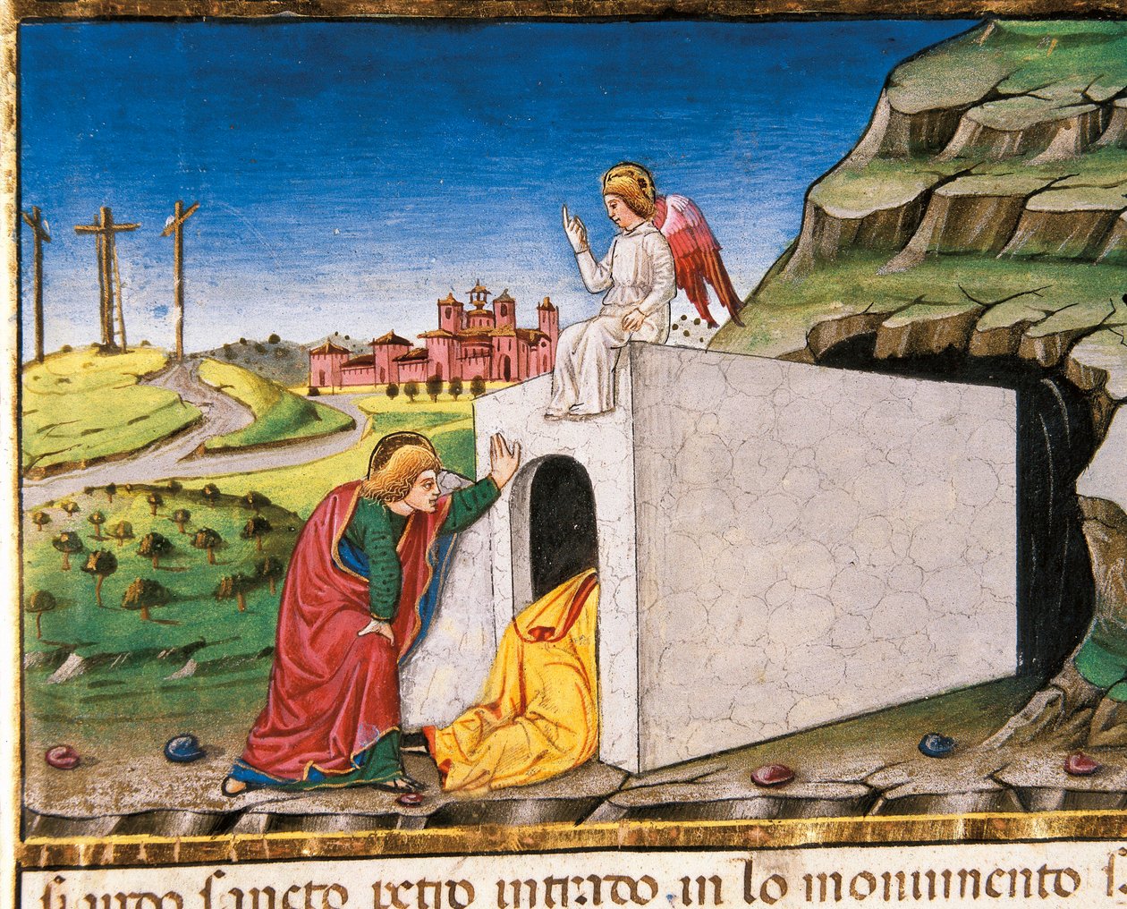 Apostlarna Petrus och Johannes upptäcker den tomma Kristi grav, från Leggendario Sforza-Savoia av Cristoforo De Predis