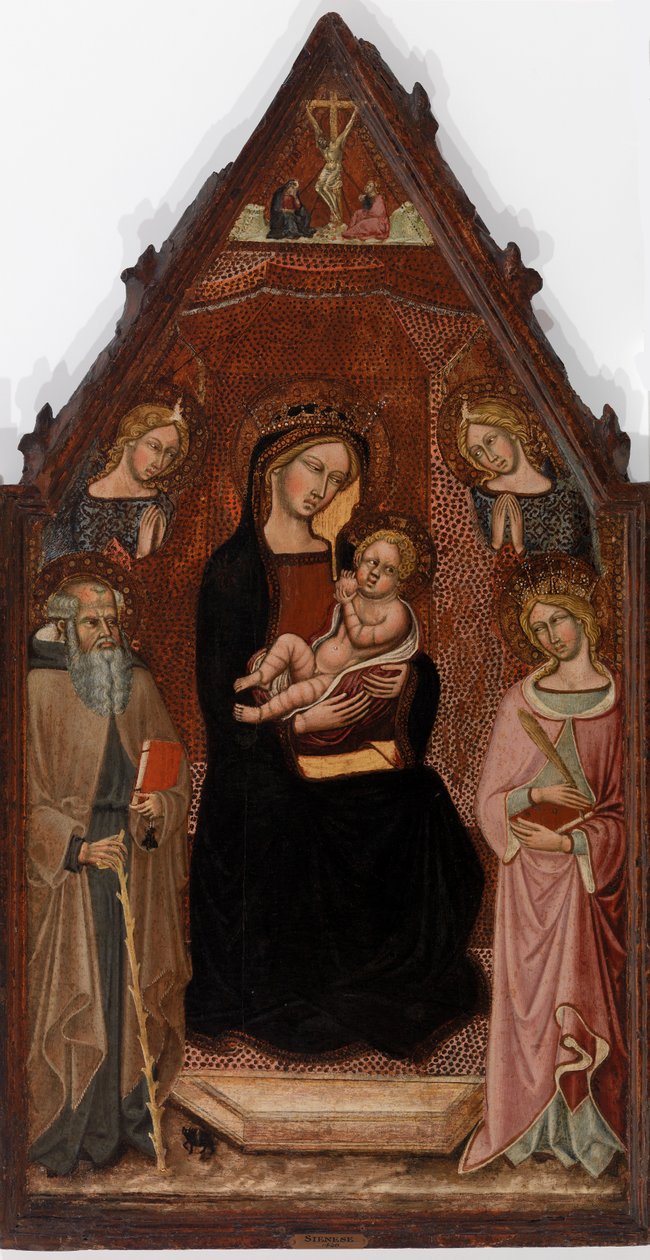 Jungfru och barn med två änglar och heliga Anthony Abbot och Katarina av Alexandria och korsfästelsen av Cristoforo di Bindoccio, Meo
