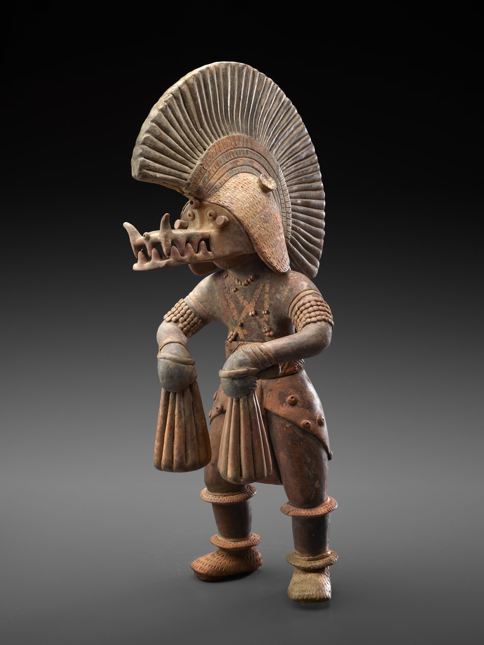 Dansare med krokodilhjälm, 300 BC-300 AD (lergods med spår av polykromt pigment) av Culture Colima