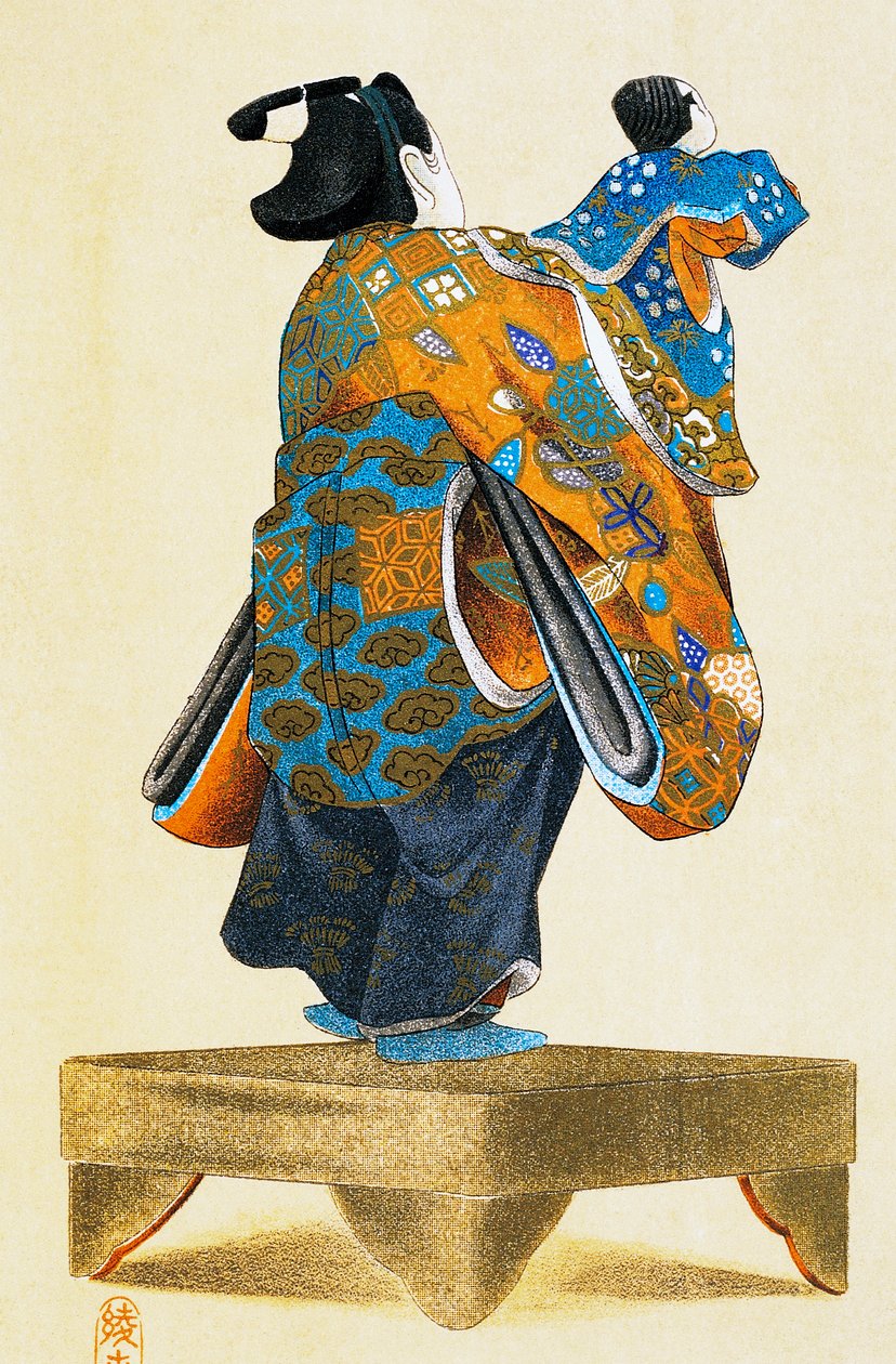 Dockspelare med docka sedd bakifrån, ukiyo-e konsttryck, reproduktion från träsnitt, japansk civilisation, Edo-period av Culture Edo