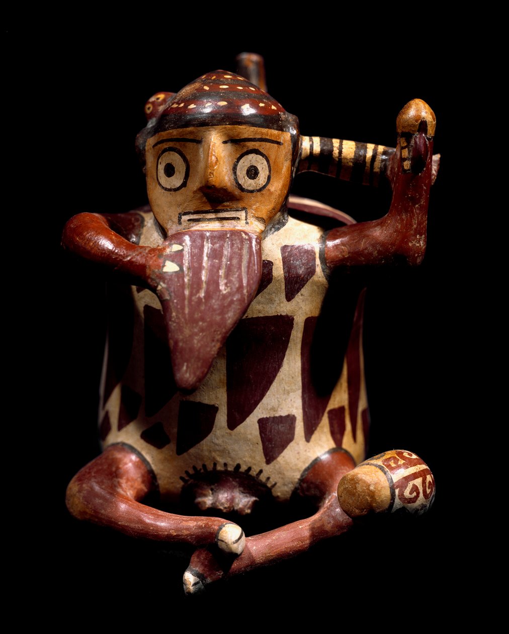 Pre-columbiansk konst, Nazca-civilisationen: antropomorf vas som föreställer en musiker som spelar panflöjt. 100 f.Kr.-800 e.Kr. Lima, arkeologiskt museum av Culture Nazca