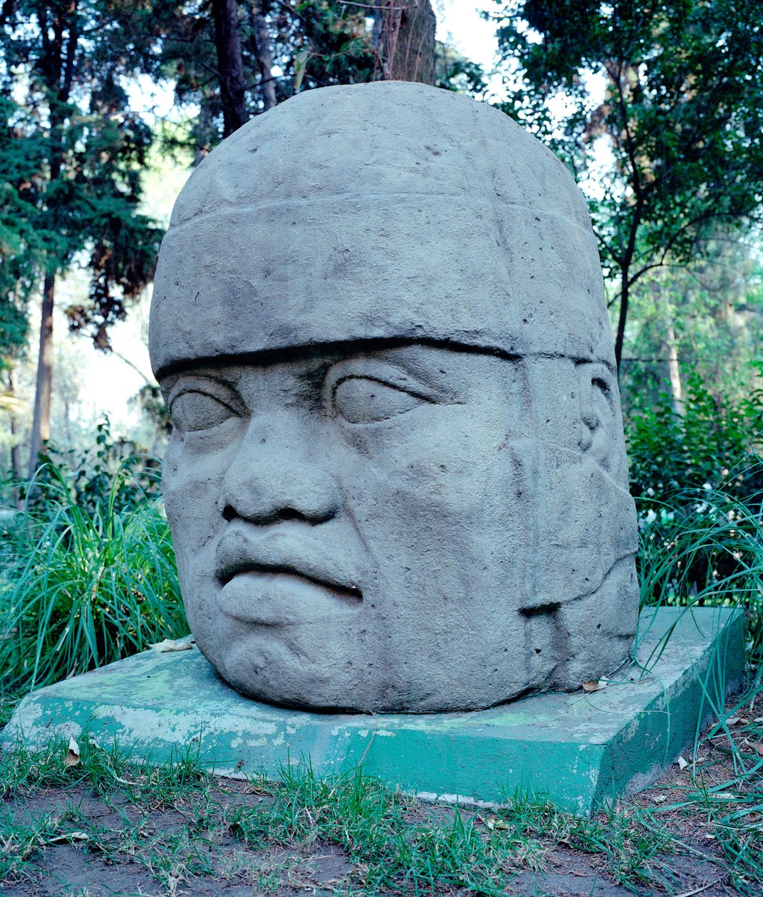Pre-columbiansk civilisation: kolossalt Olmec-huvud. 10-700-talet f.Kr. Mexiko. Park Musee de La Vente av Culture Olmec