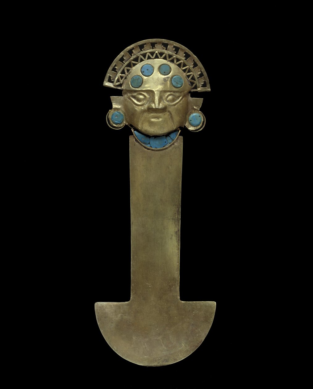 Tumi Knife, 800-1375 AD (hamrat, jagat & filigrerad guld med turkos inlägg) av Culture Sicán