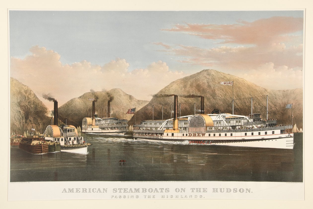 Amerikanska ångbåtar på Hudson av Currier and Ives