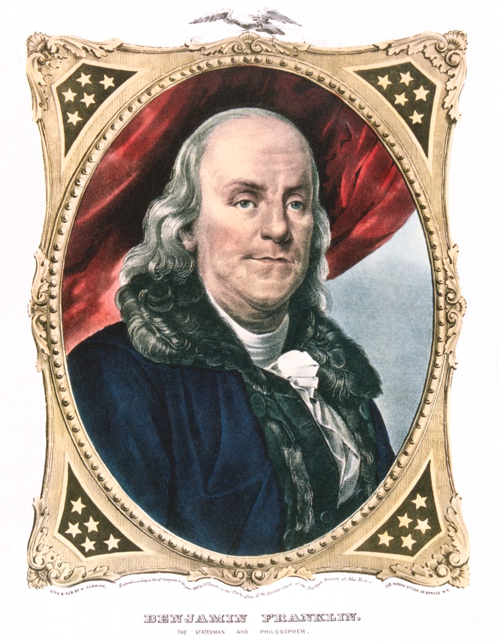 Benjamin Franklin, amerikansk statsman, tryckare och vetenskapsman, 1800-talet av Currier and Ives