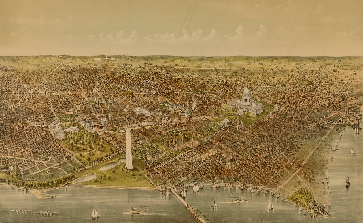 Staden Washington (fågelperspektiv från Potomac mot norr) av Currier and Ives