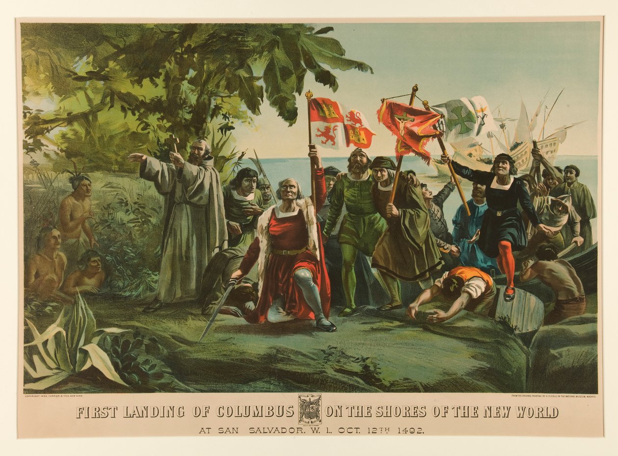 Columbus första landning på den nya världens stränder av Currier and Ives