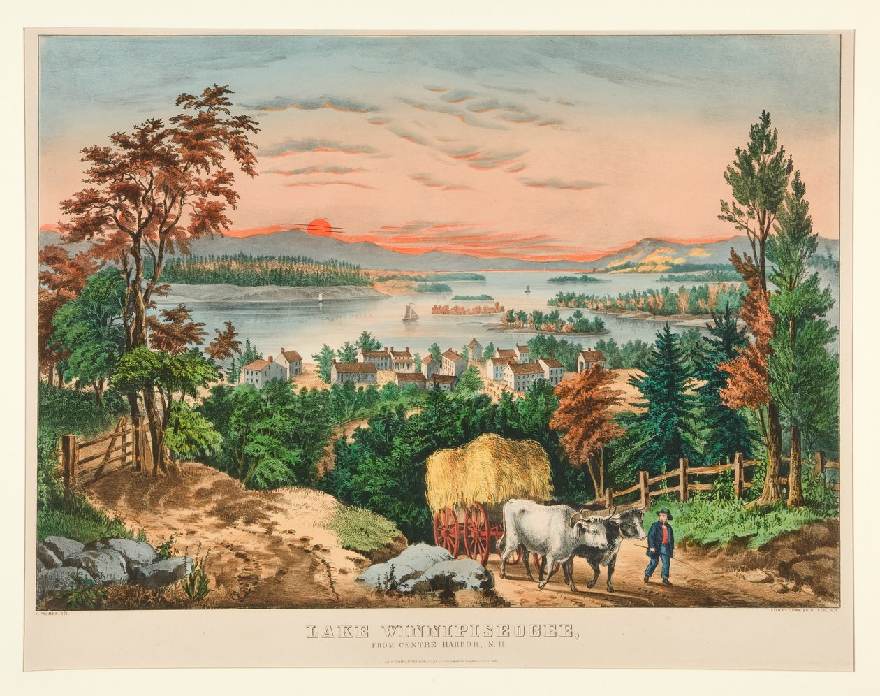 Lake Winnipiseogee, från Center Harbor, NH av Currier and Ives