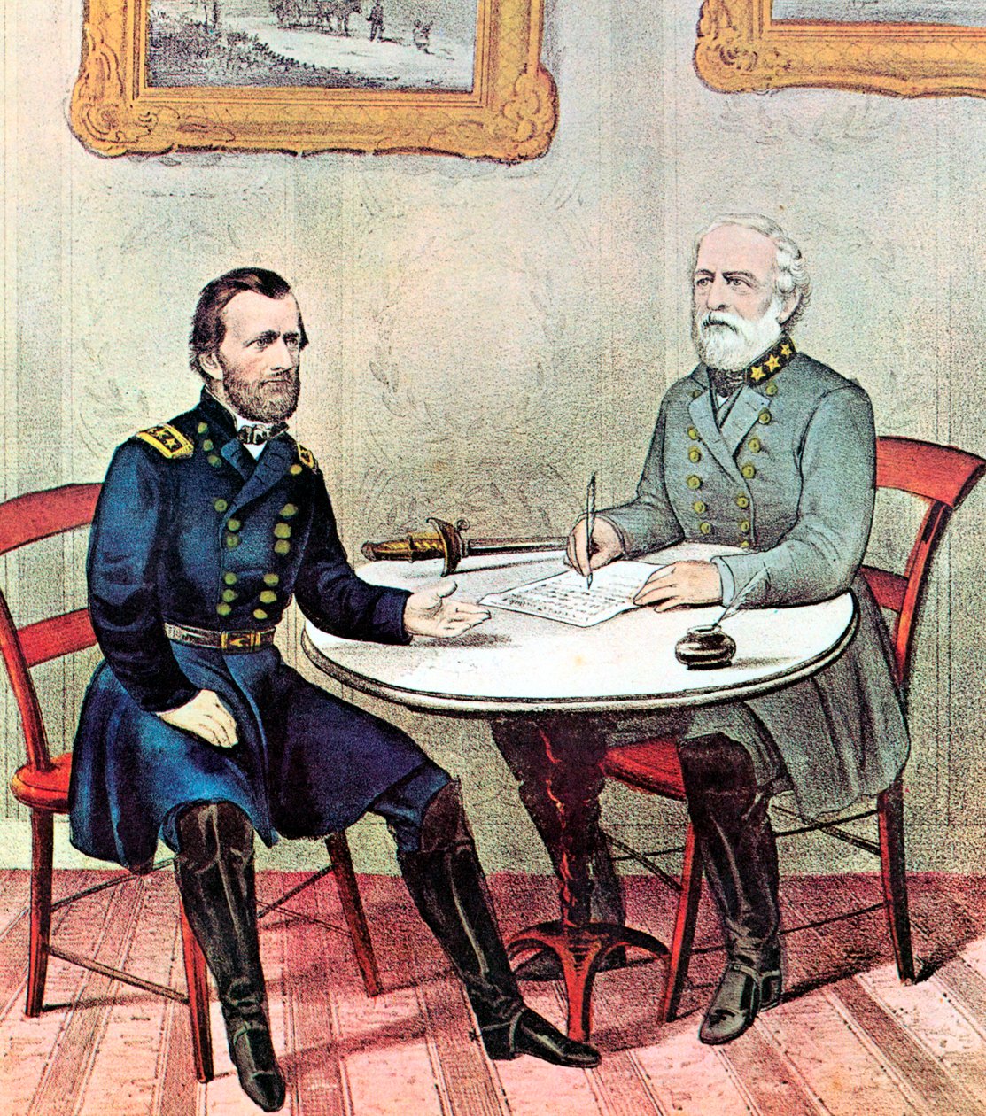 Möte för generalerna Grant vänster och Lee, amerikanska inbördeskriget, 1865 av Currier and Ives