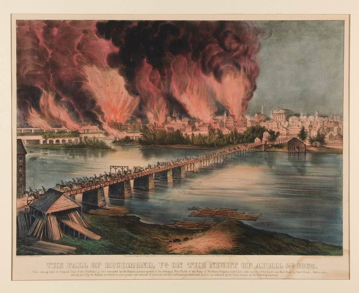 Fallet i Richmond, Virginia, natten den 2 april 1865 av Currier and Ives