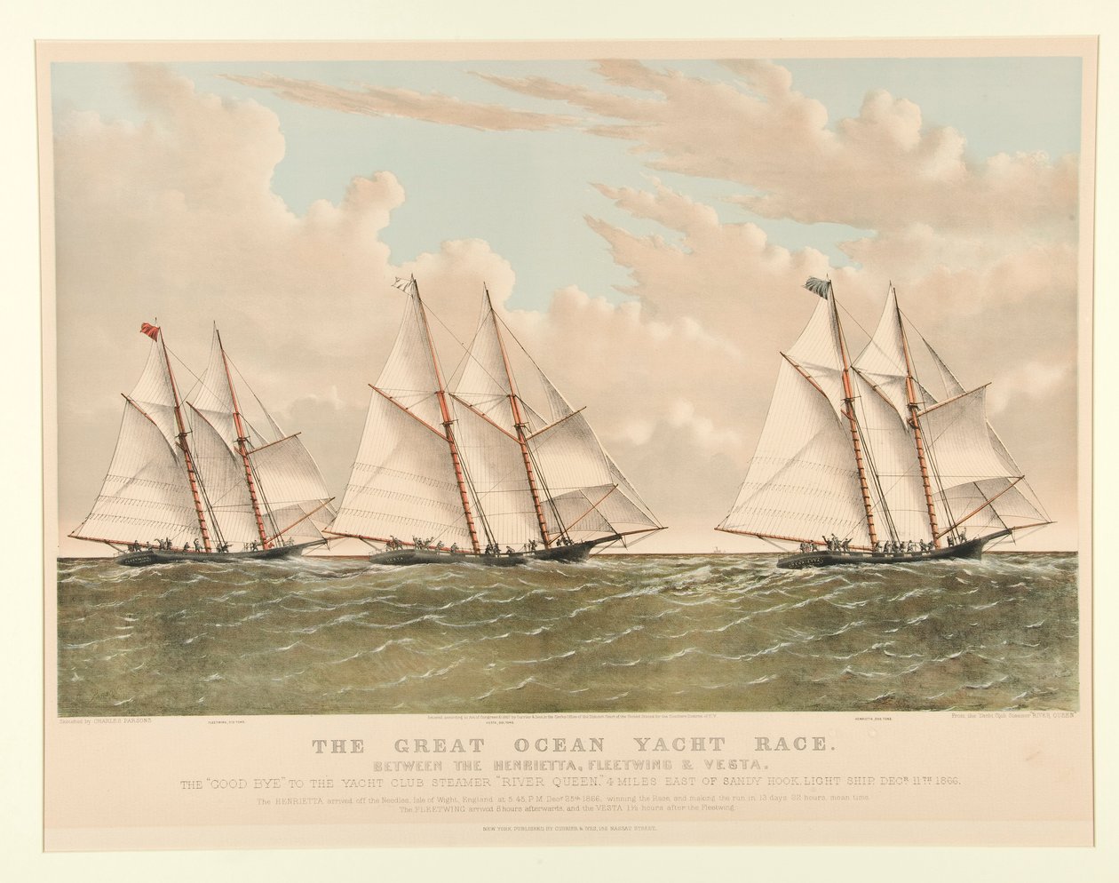 The Great Ocean Yacht Race mellan Henrietta, Fleetwing och Vesta av Currier and Ives