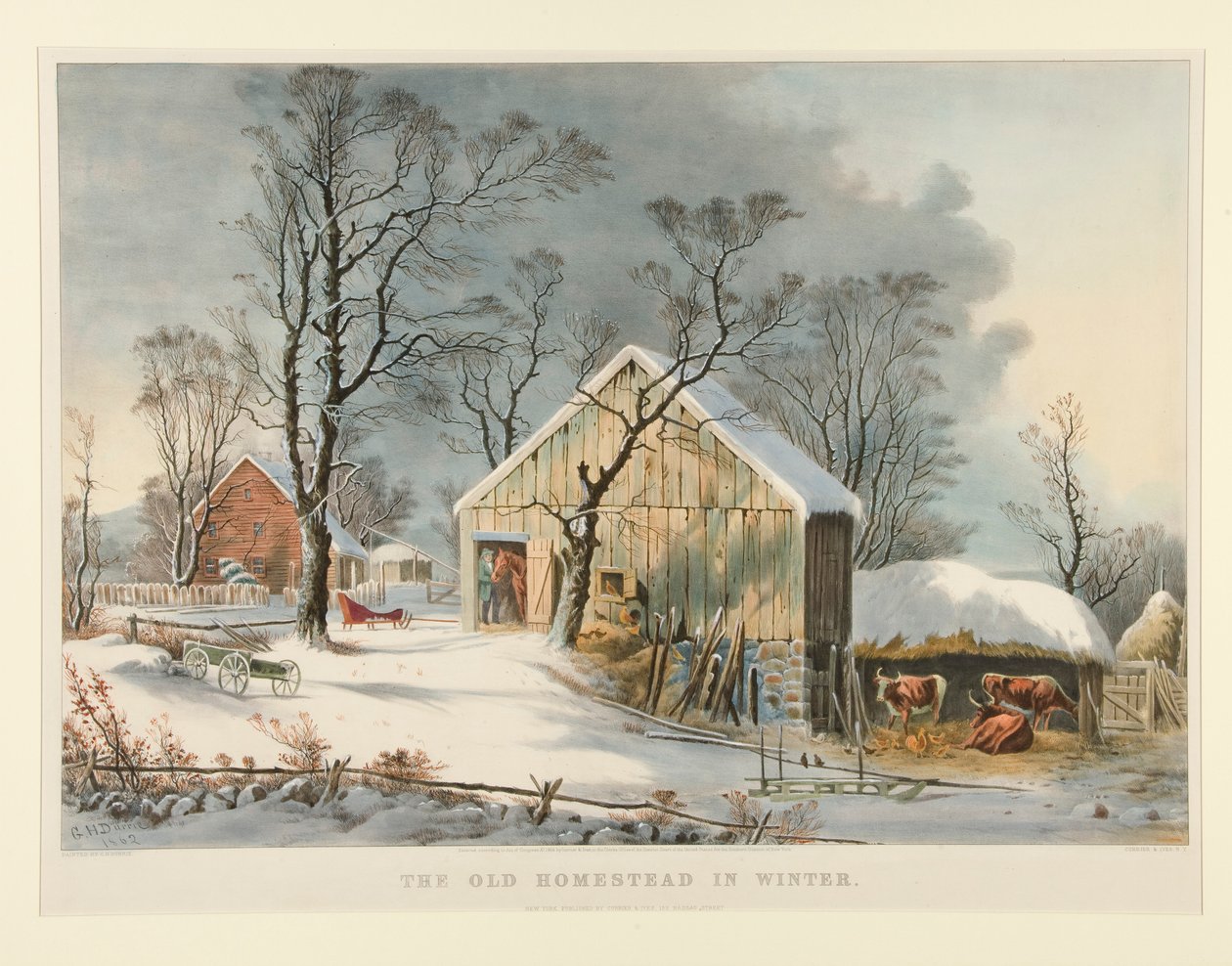 Gamla hembygdsgården på vintern av Currier and Ives
