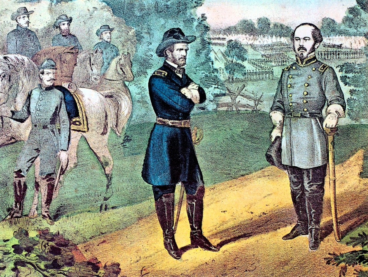 Överlämnandet av konfedererade styrkor i North Carolina, amerikanska inbördeskriget, 1865 av Currier and Ives