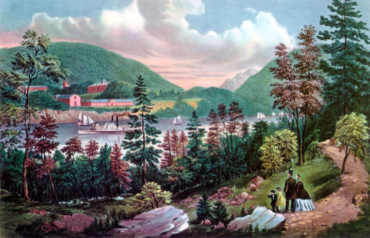 West Point, US Military Academy, från den motsatta stranden, 1862. av Currier and Ives